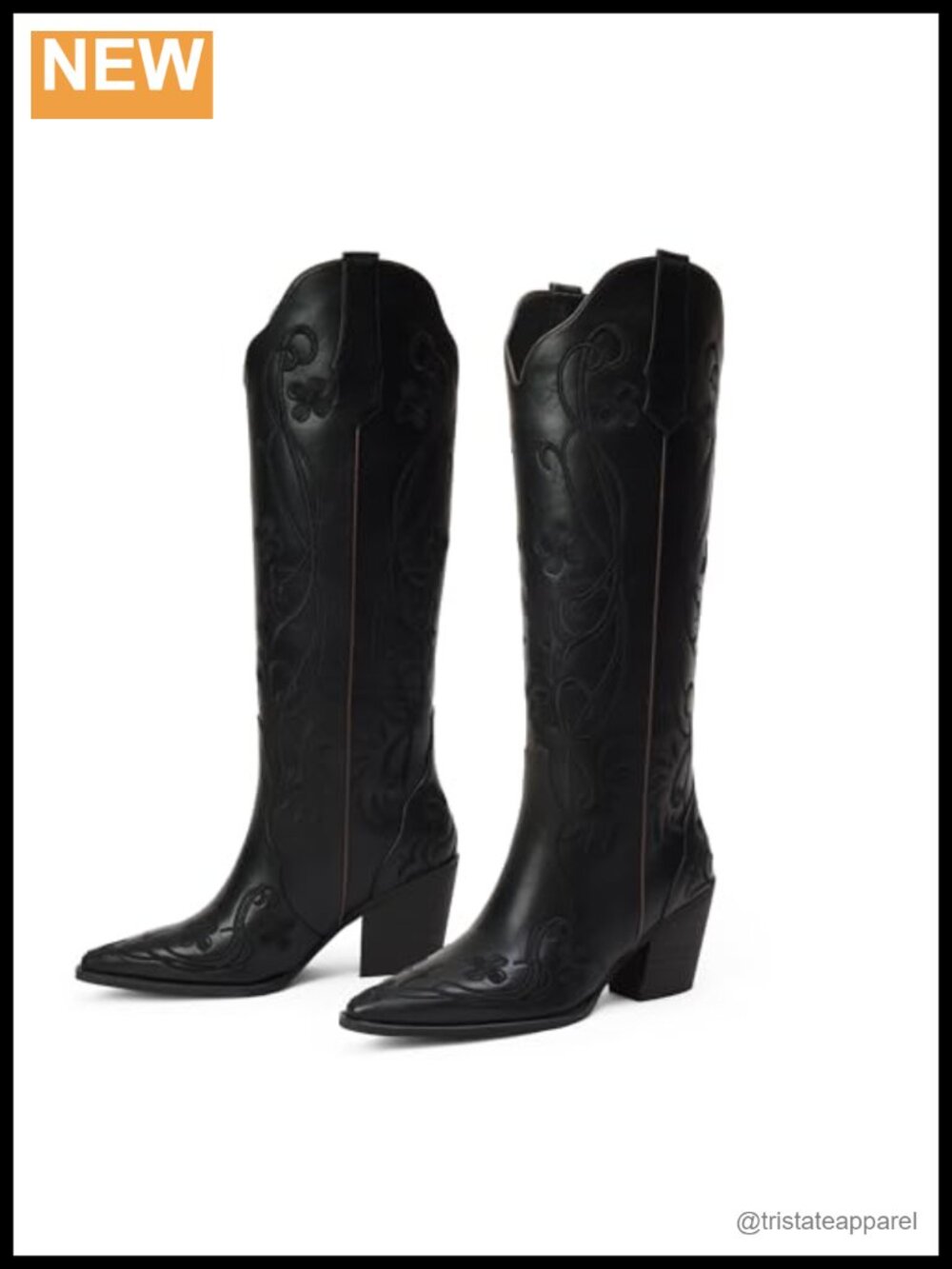 Vintage Cowgirl Knee High Boots Faux Leather Western Floral Embroidery